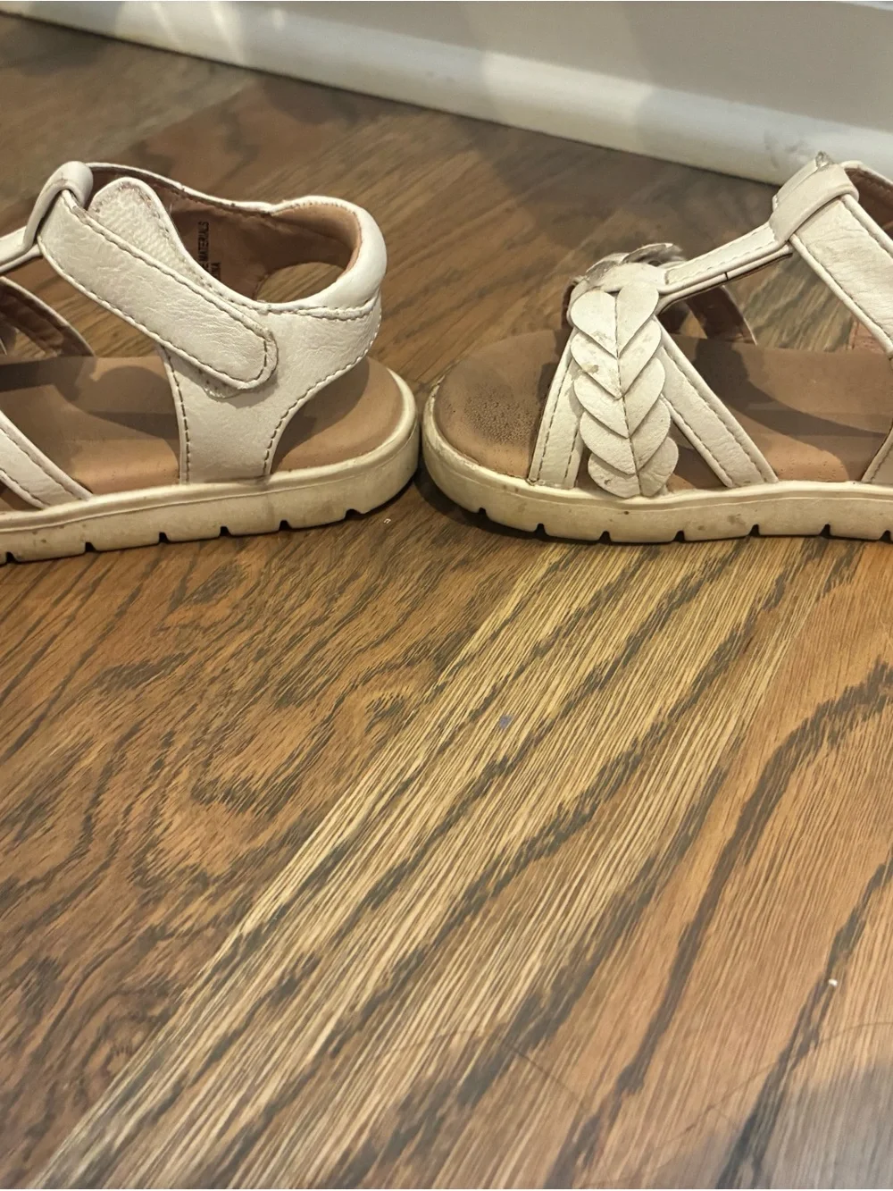 Kids Cream Braided T-Strap Sandals